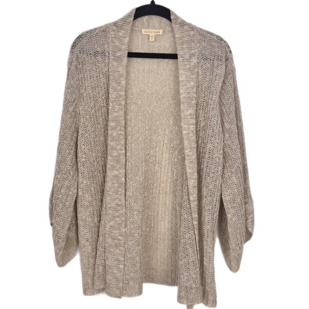 Eileen Fisher Cardigan Women Size M Beige Linen Blend Knit Open Front Sweater